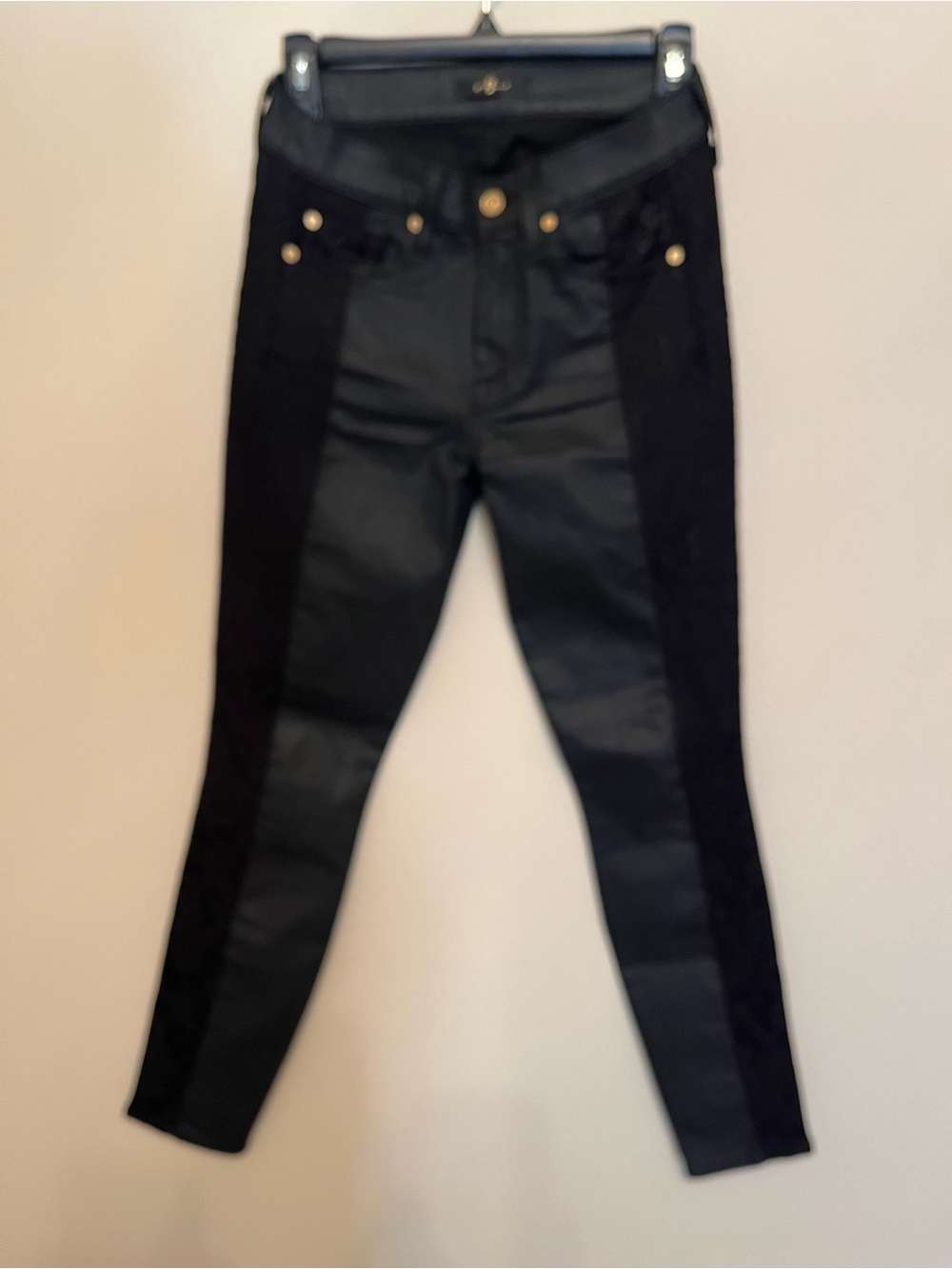 7 For All Mankind Black Paneled Waxed Denim $ Lace Skinny Jeans